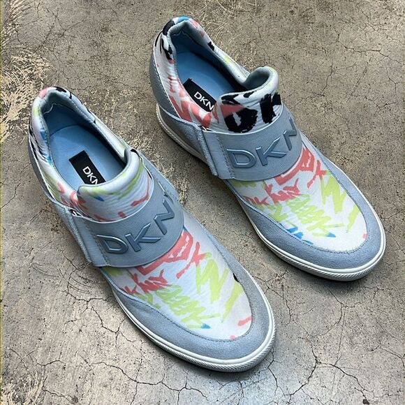 DKNY light blue wedge sneakers with center green pink, and white graphics - Picture 4 of 11